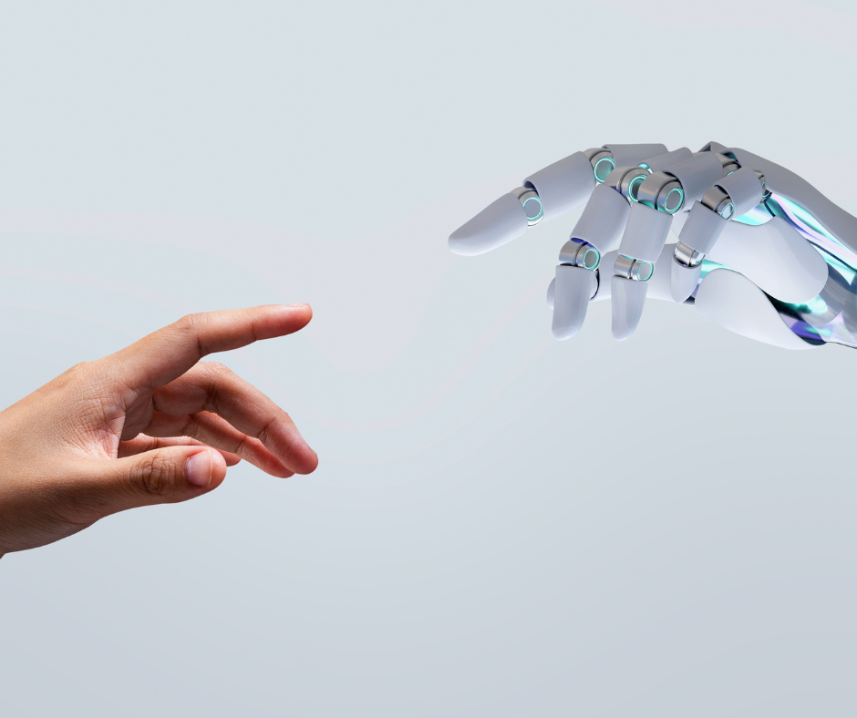 Mano humana extendiéndose hacia una mano robótica, simbolizando la conexión entre inteligencia artificial y el futuro de la longevidad.