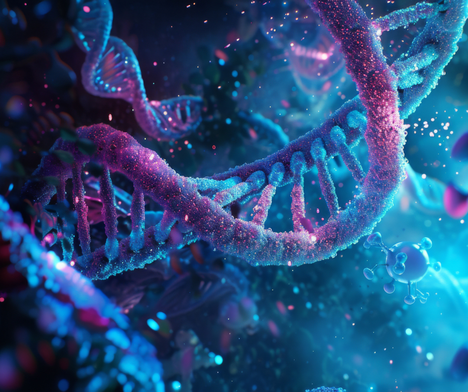 Representación artística de una cadena de ADN y procesos moleculares asociados a la epigenética