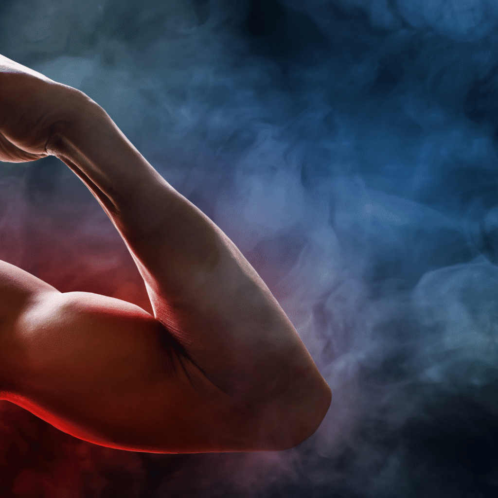 Brazo masculino flexionando bíceps marcado, símbolo de fuerza y crecimiento muscular — guía sobre cuánto tarda en desarrollarse el músculo.