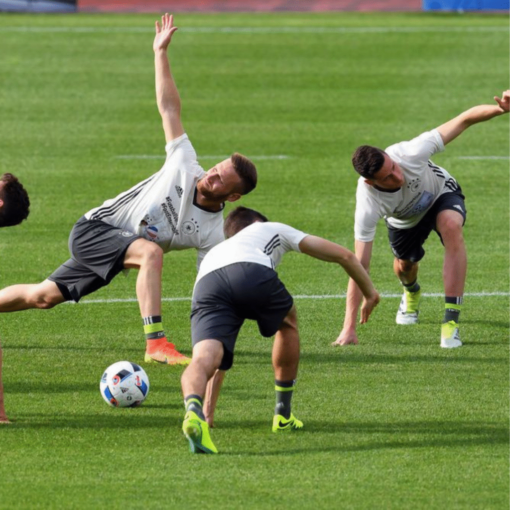 jugadores de futbol de elite estirando despues de un entrenamiento